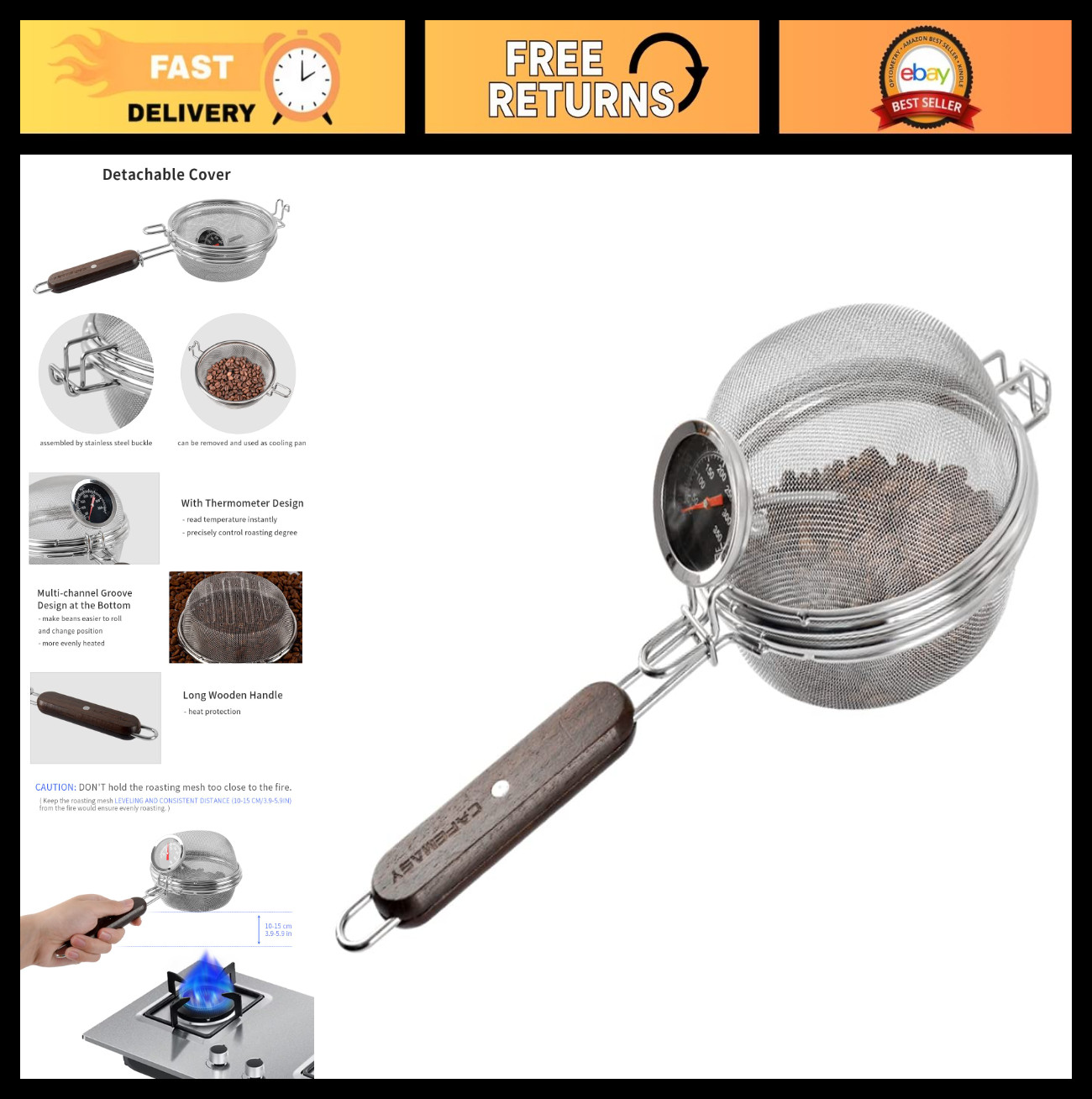 Portable Stainless Steel Coffee Bean Roaster with Thermometer – Home & Outdoor T