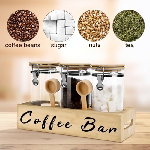 3 x 54 oz Glass Coffee Bean Storage Container with Shelf 3PCS Glass Wood
