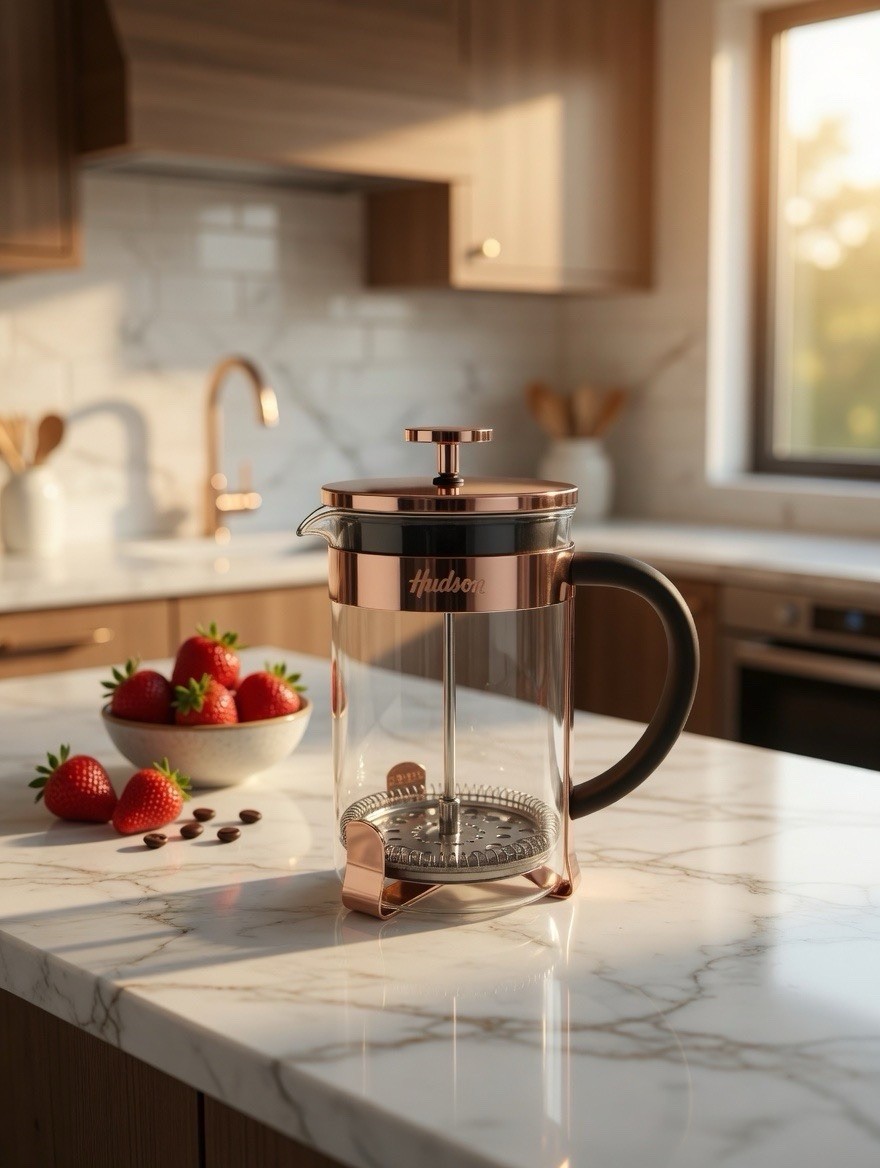 Hudson Glass French Press Coffee Maker – Copper Stainless Steel – 34 oz