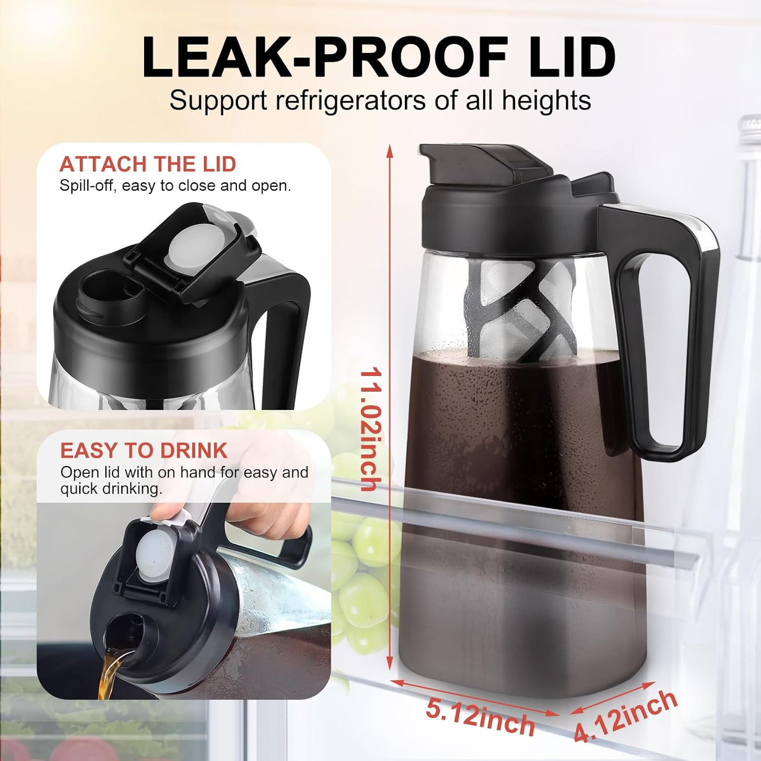 Large Ice Cold Coffee Maker 64 Oz, Dishwasher Safty Traitan Carafe Pitcher Leak