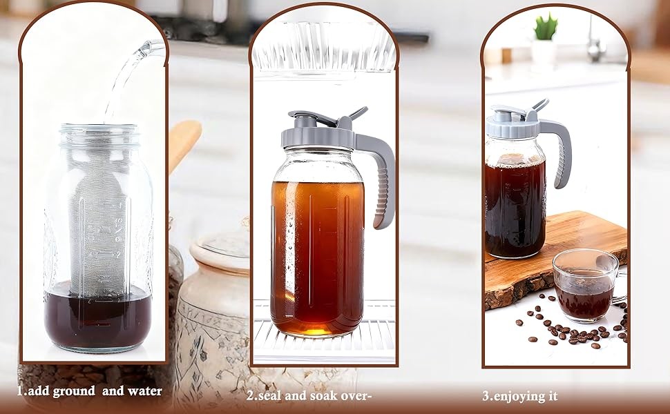64 OZ Cold Brew Coffee Maker 2 Quart Mason Jar Glass Iced Tea Pitcher With