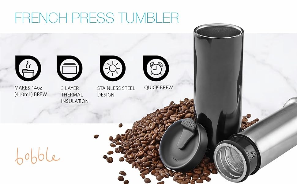 French Coffee Pre, On-The-Go use, Qui Brew, Slim Design,