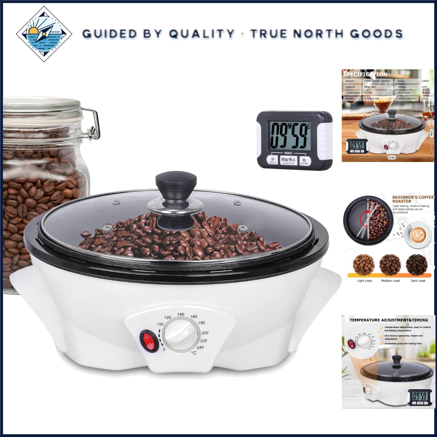 Electric Coffee Bean Roaster with Adjustable Temperature and Timer for Home Use