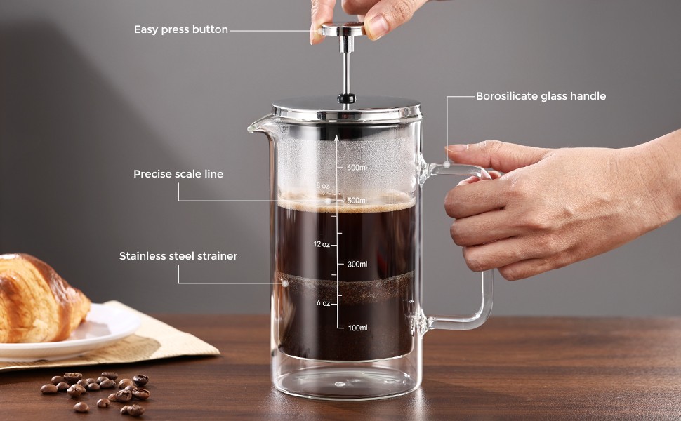 French Pr Coffee Maker 600ML,Double Wall Insulated Borolicate