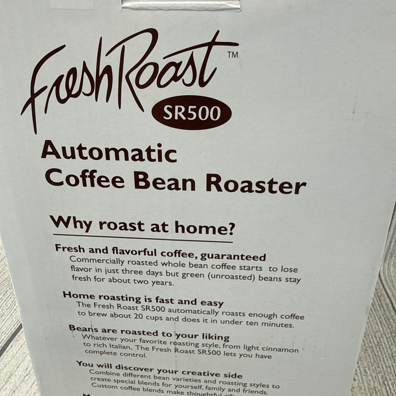 Fresh Roast SR500 Automatic Coffee Bean Roaster Model FB102SR, 120v – New Sealed