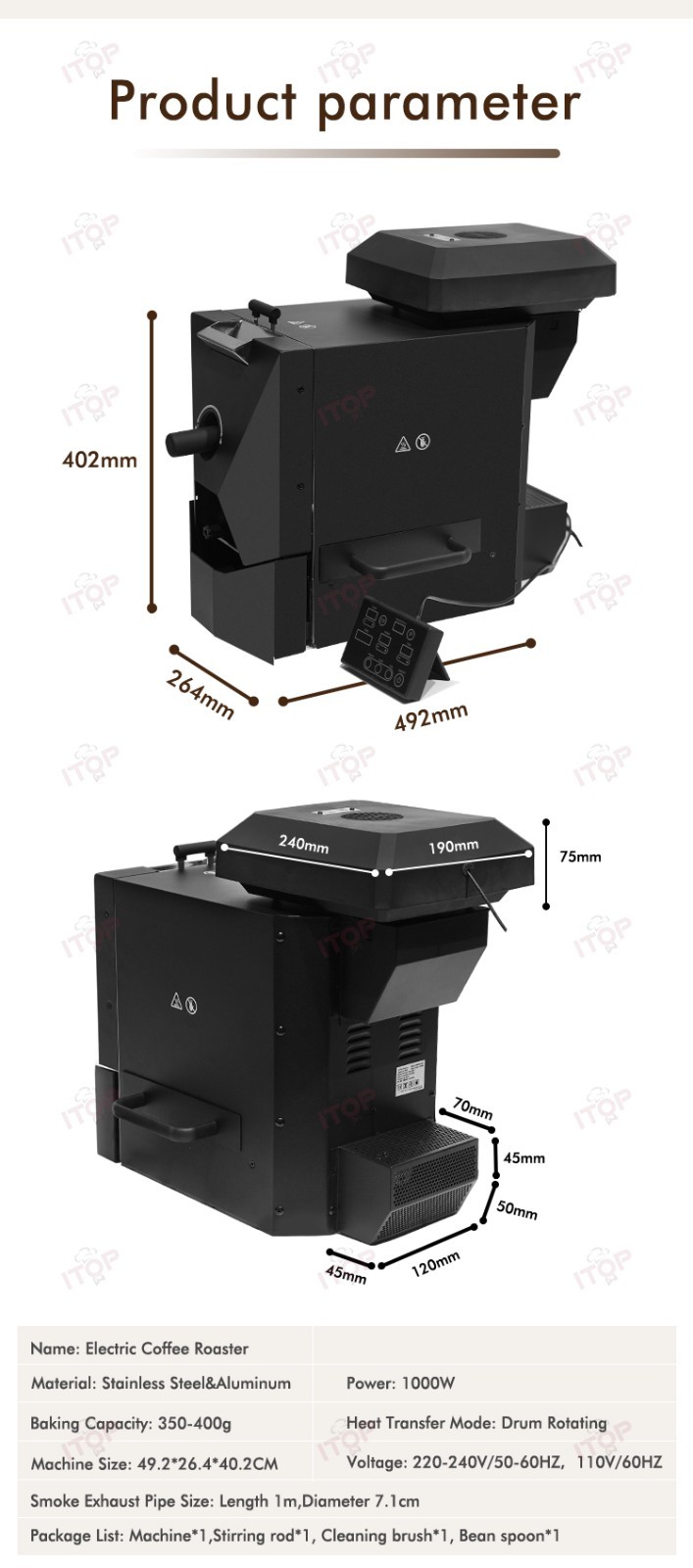 ITOP Electric Coffee Bean Roaster Drum Roaster 3 Operating Modes Espresso Tool