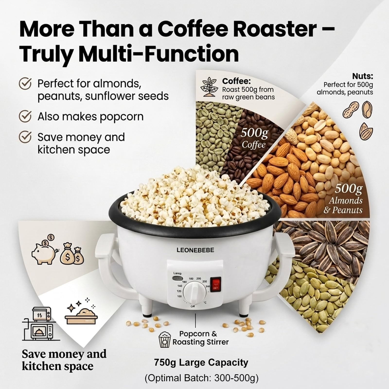 Electric Coffee Bean Roaster Machine – 1.6lb Capacity for Nuts & Chestnuts, Begi