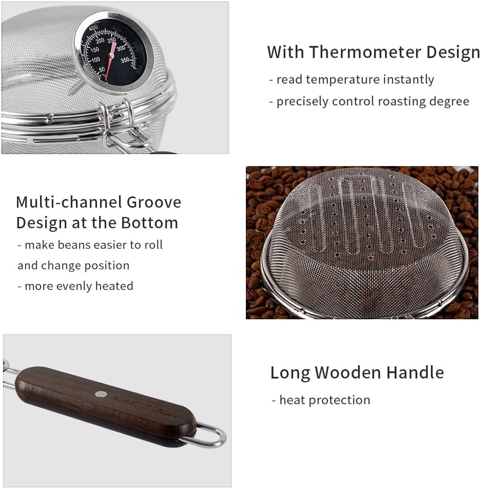 Portable Stainless Steel Coffee Bean Roaster with Thermometer
