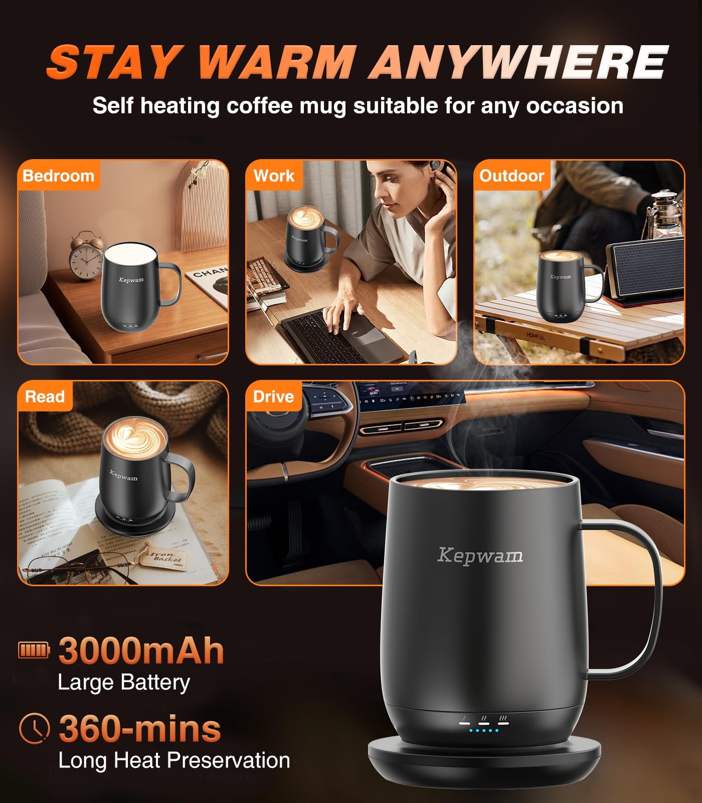 Kepwam Self-Heating Coffee Mug T2, 16oz Electric Heated Hot 16oz, Black