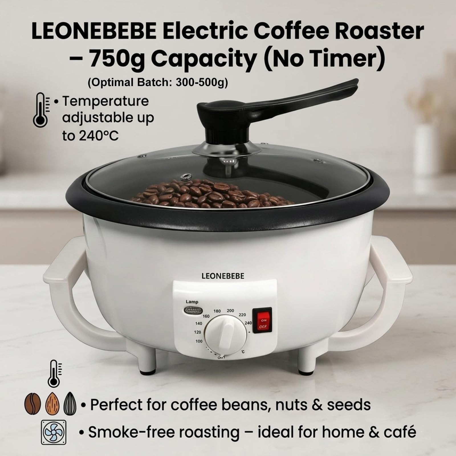 Electric Coffee Bean Roaster Machine – 1.6lb Capacity for Nuts & Chestnuts, Begi