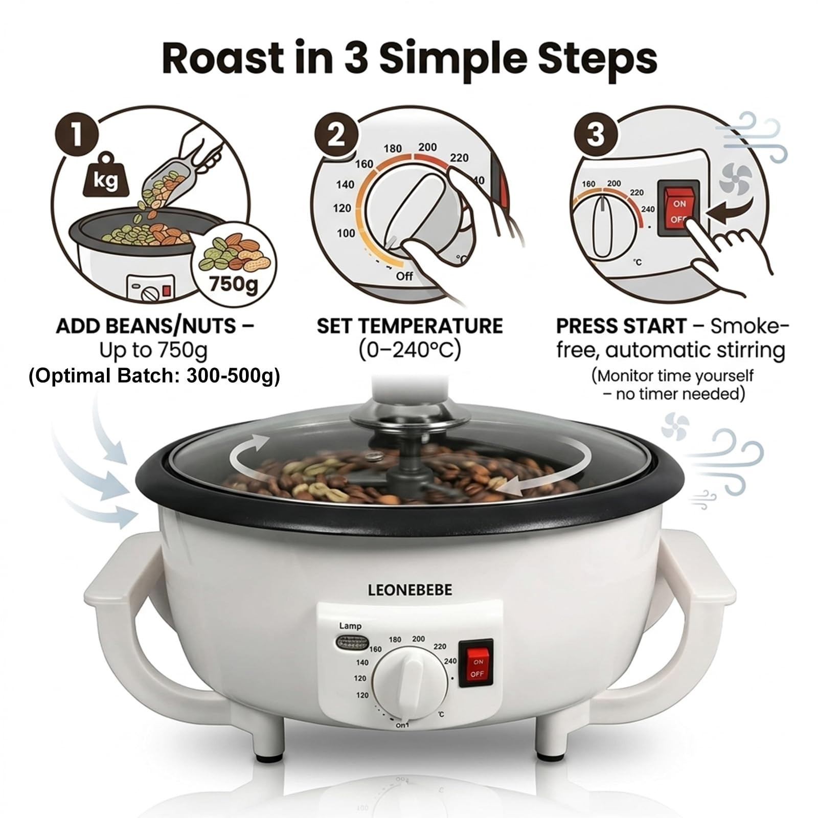 Electric Coffee Bean Roaster Machine – 1.6lb Capacity for Nuts & Chestnuts, Begi