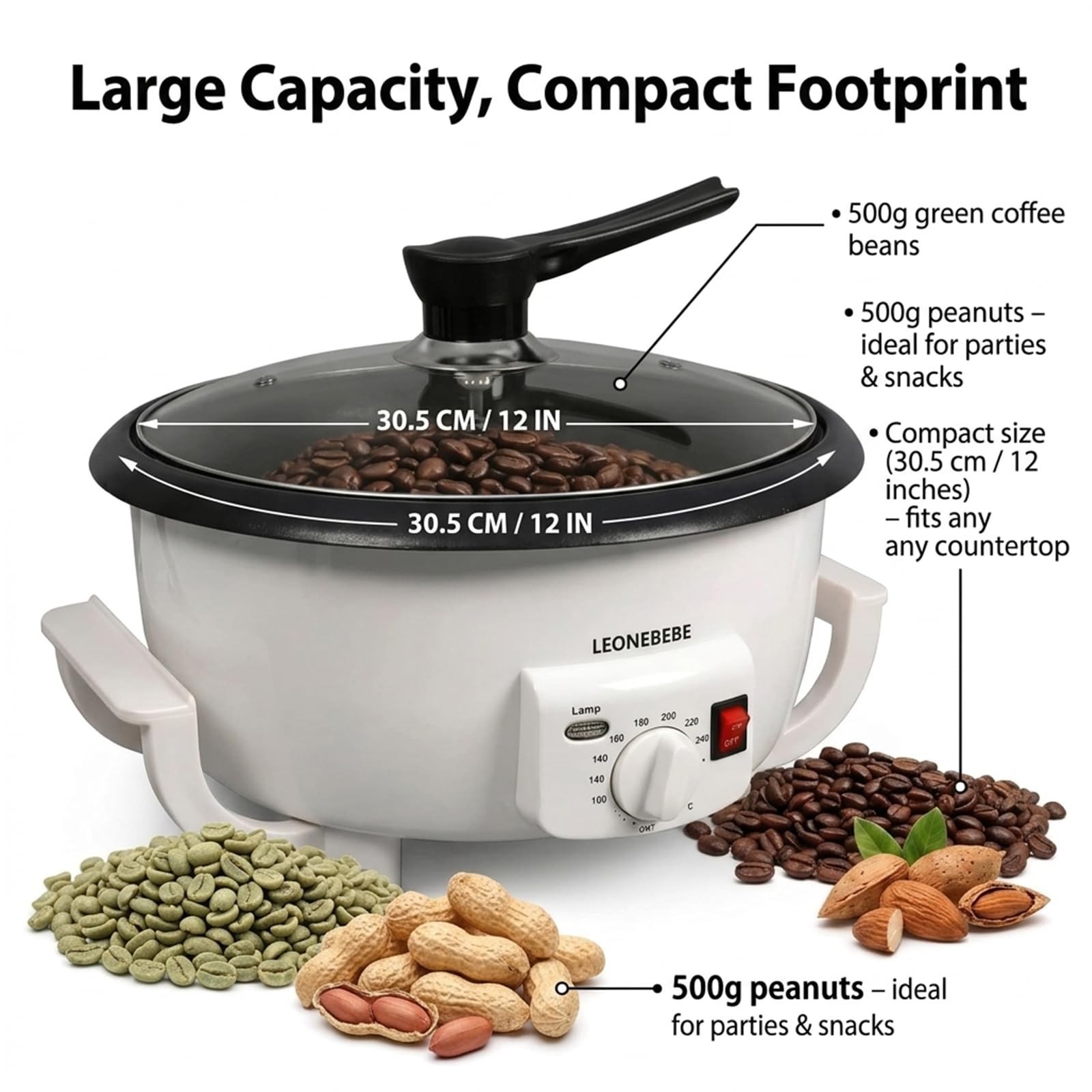 Electric Coffee Bean Roaster Machine – 1.6lb Capacity for Nuts & Chestnuts, Begi