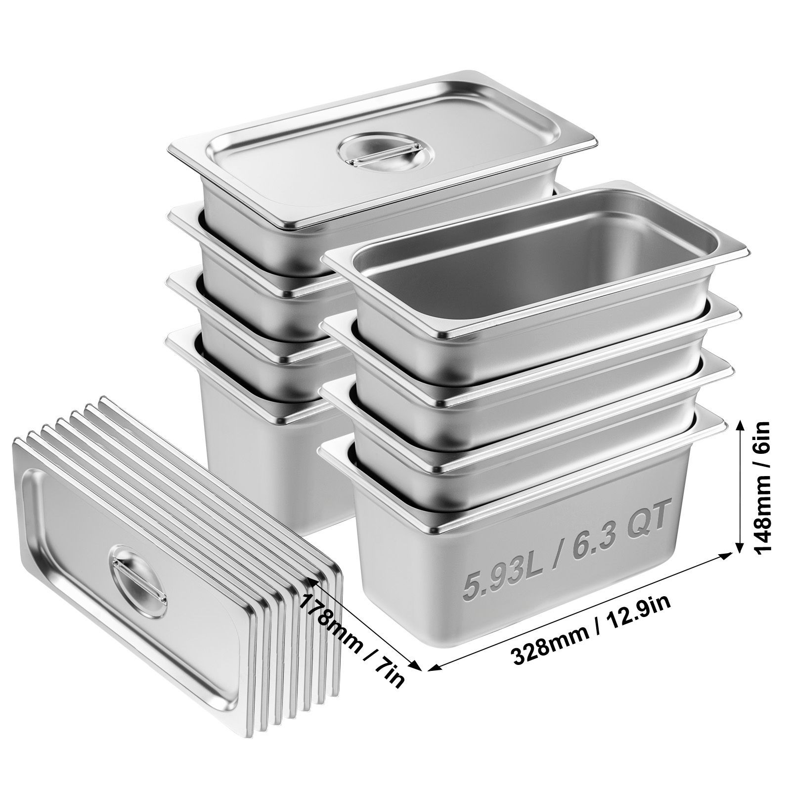 8 Pack Hotel Pans, 1/ 3 Size Anti – Jam Steam Pan with Lid, 0.8mm Thick