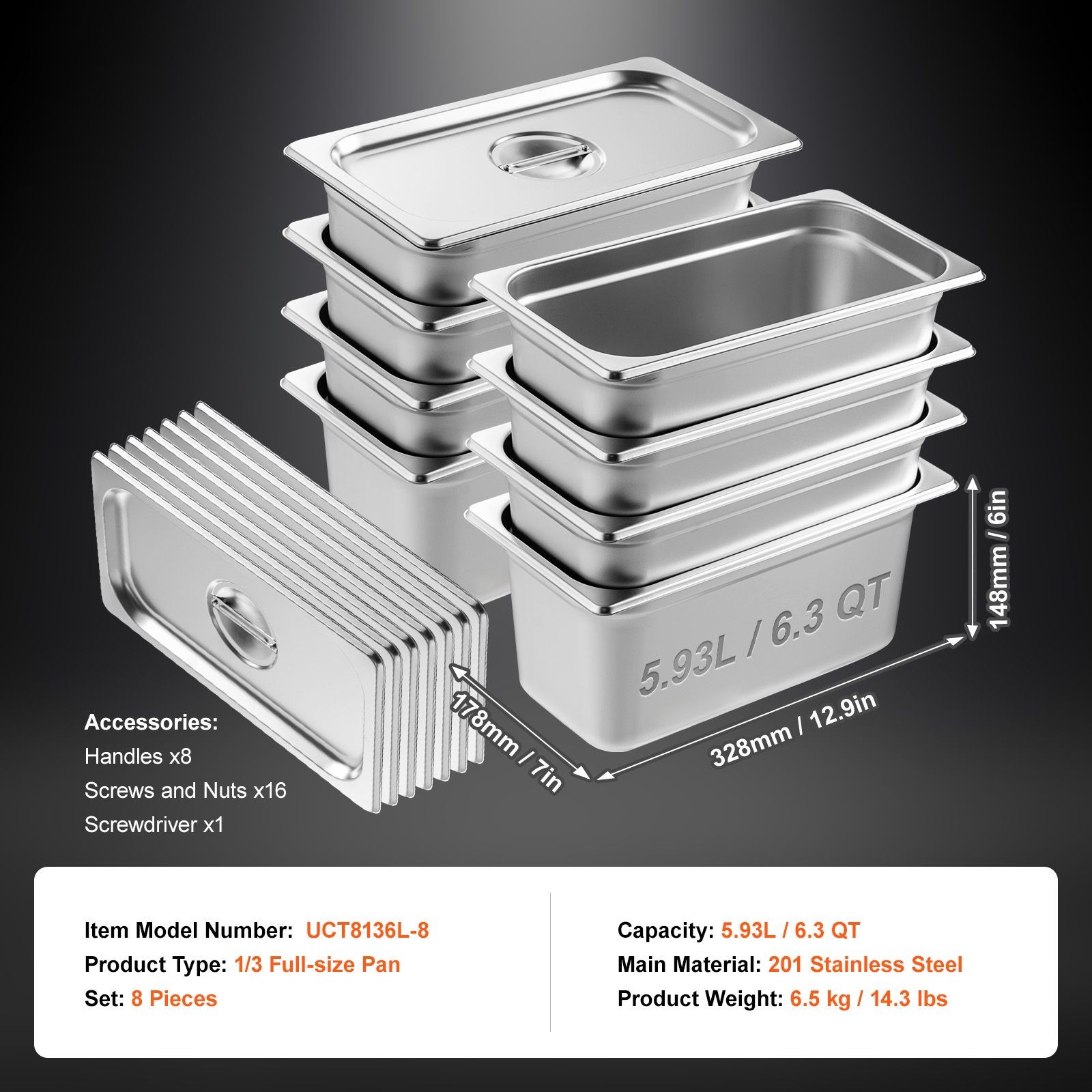 8 Pack Hotel Pans, 1/ 3 Size Anti – Jam Steam Pan with Lid, 0.8mm Thick