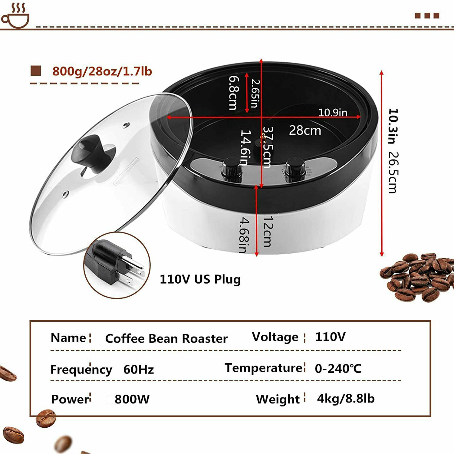 800g 800W Electric Coffee Roaster Machine for Home Coffee Beans Roaster 110V