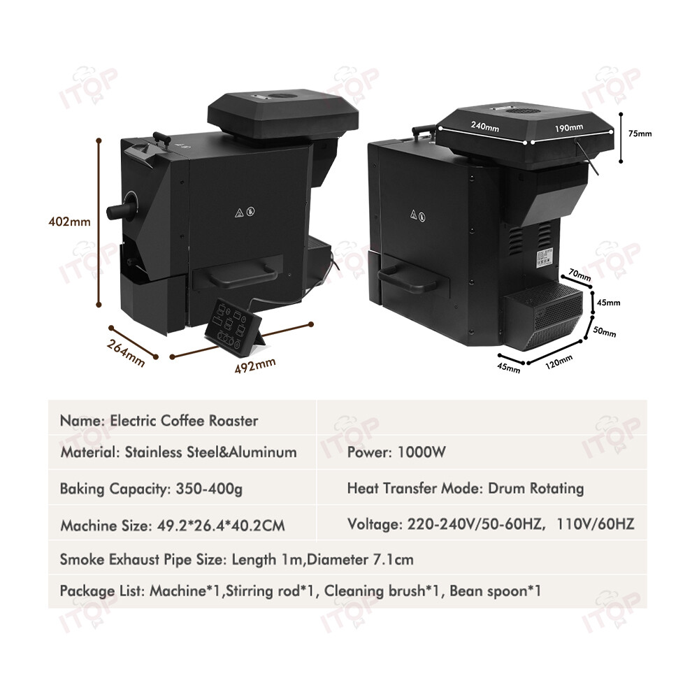 Electric Coffee Bean Roaster Drum Roasting 1000W W/ Smoke Exhaust Pipe 3 Modes