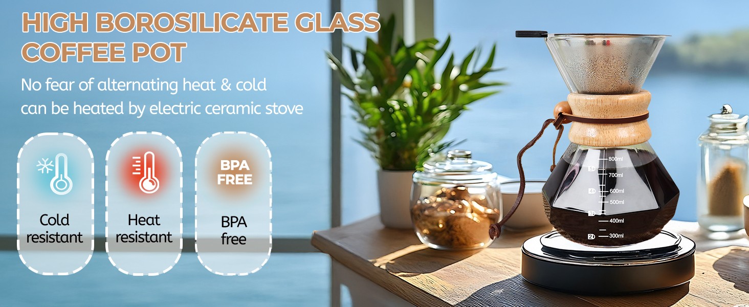 Pour Over Coffee Maker 800ml with 304 Stainl Steel Wooden Collar
