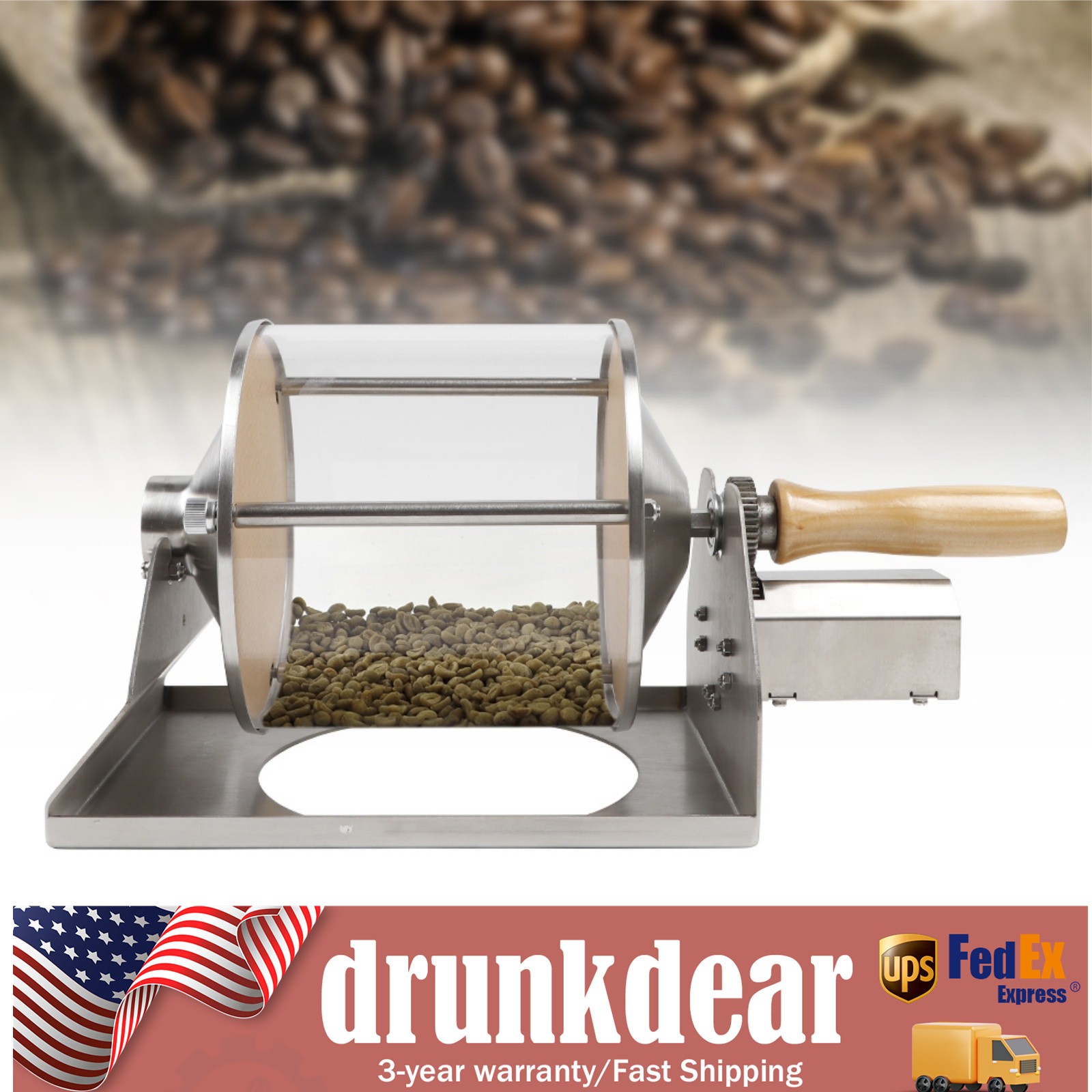 Gas Coffee Bean Roaster 400g Stovetop Drum 110V US Plug Home Roasting