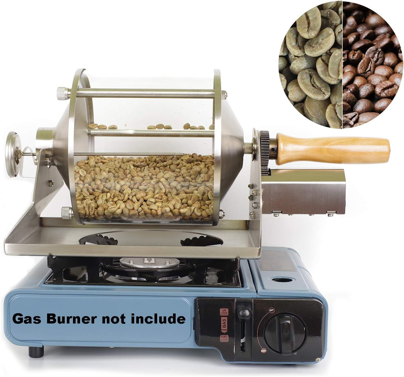 Home Coffee Roaster with Gas Burner, 400G Capacity, Quartz Drum & Steel Frame