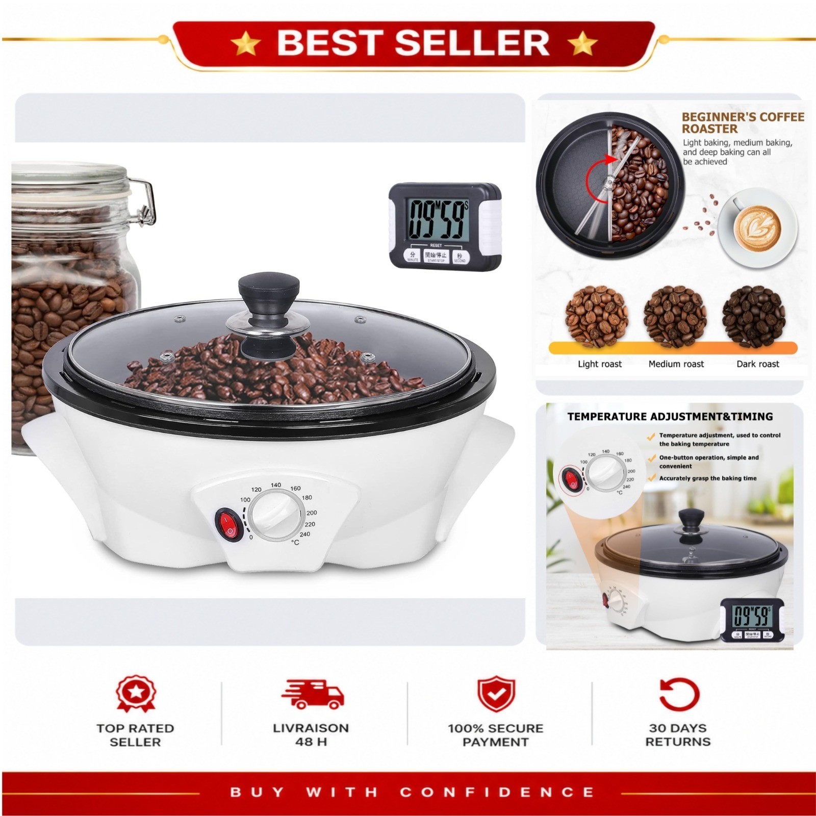 JIAWANSHUN Electric Coffee Bean Roaster 800g 1200W 100-240°C Timer