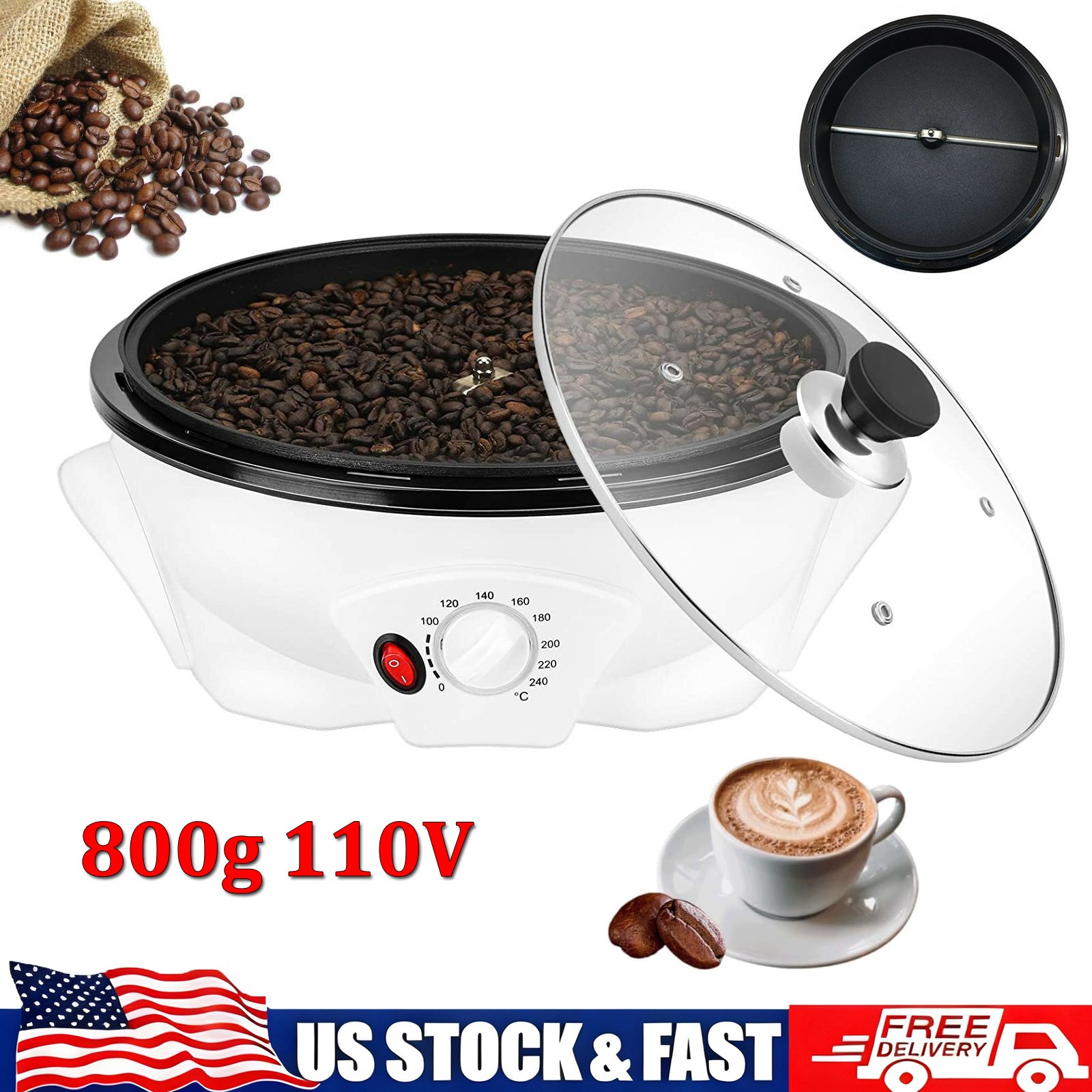 110V Electric Coffee Roaster Machine 800g Coffee Bean Roaster for Home Use New