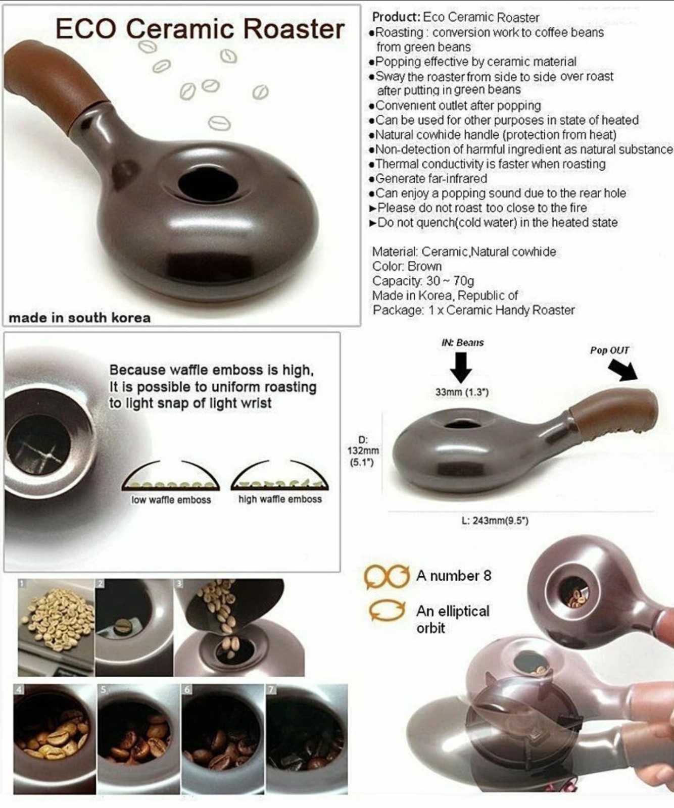 New Nuvo Korean Eco Ceramic Handy Coffee Bean Roaster (NV-1CHR). Genuine cowhide