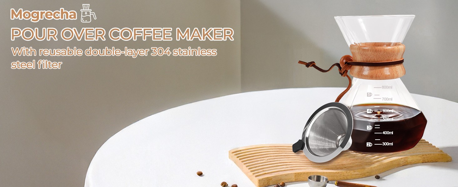 Pour Over Coffee Maker 800ml with 304 Stainl Steel Wooden Collar