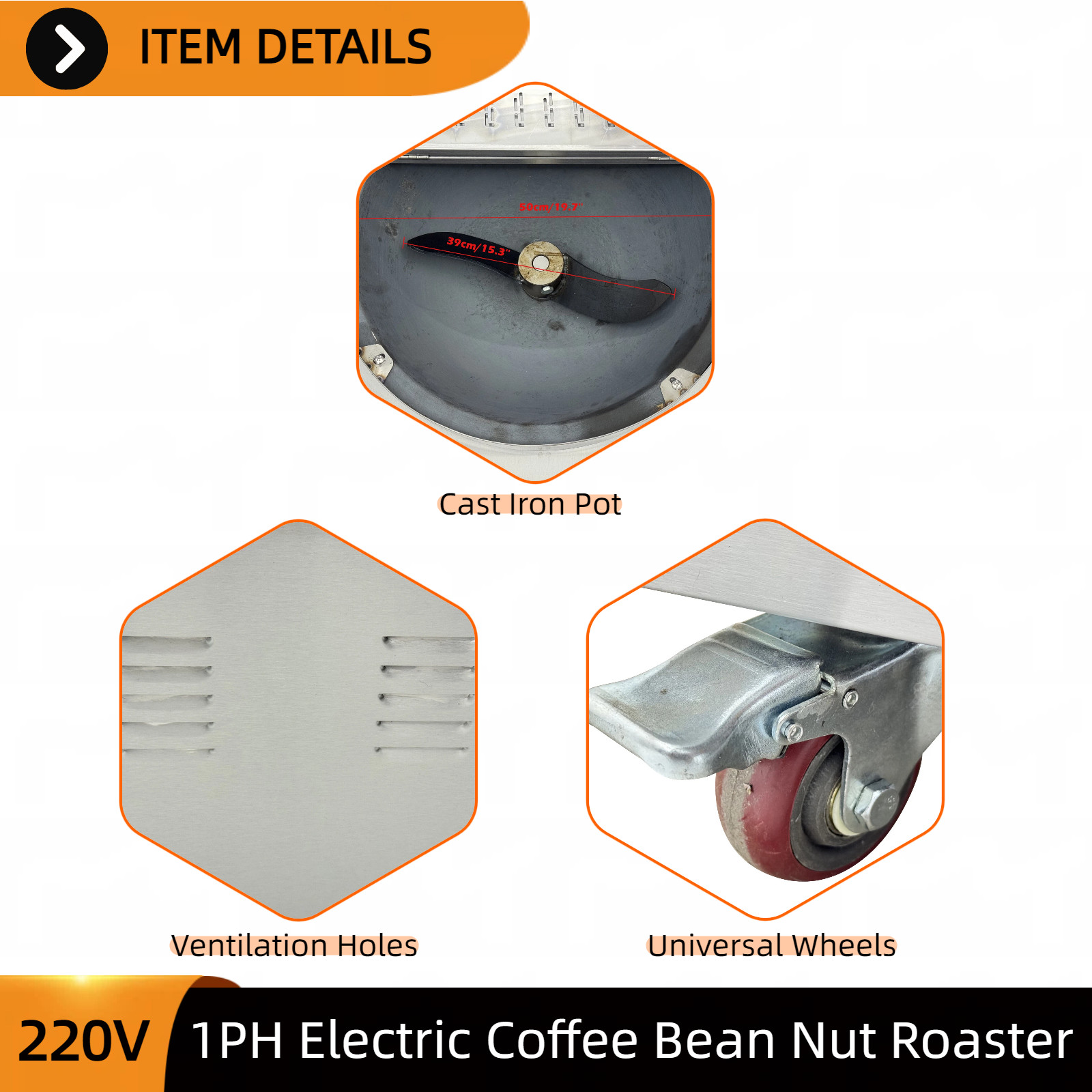 Commercial Coffee Bean Roaster 220V 1-PH 7.5kg Electric Drum Roaster for Nuts