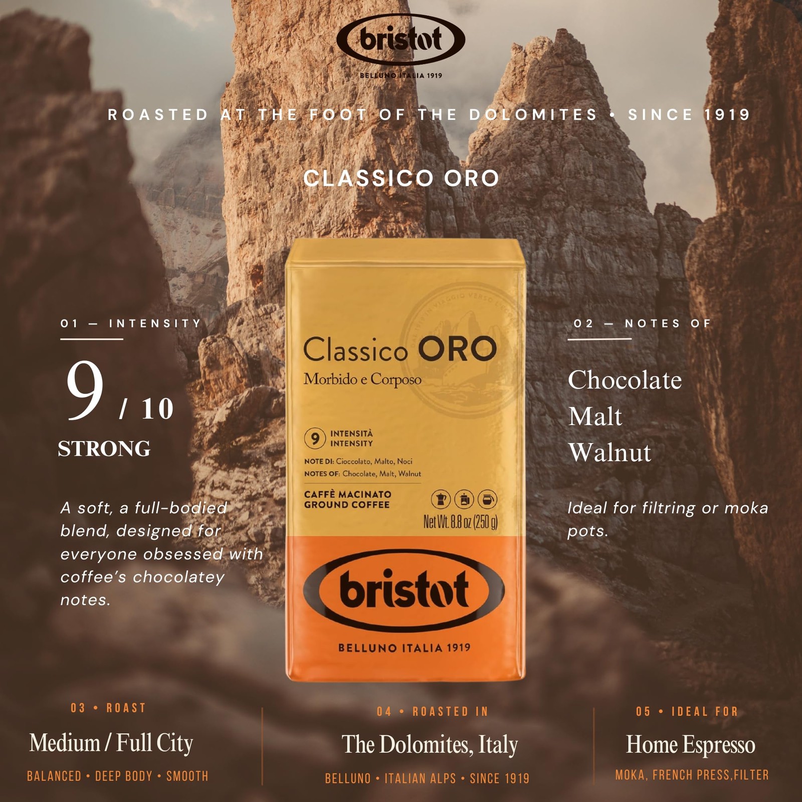 Bristot Classico Oro Italian Ground Espresso Brick – 8.8 Ounce (Pack of 1)