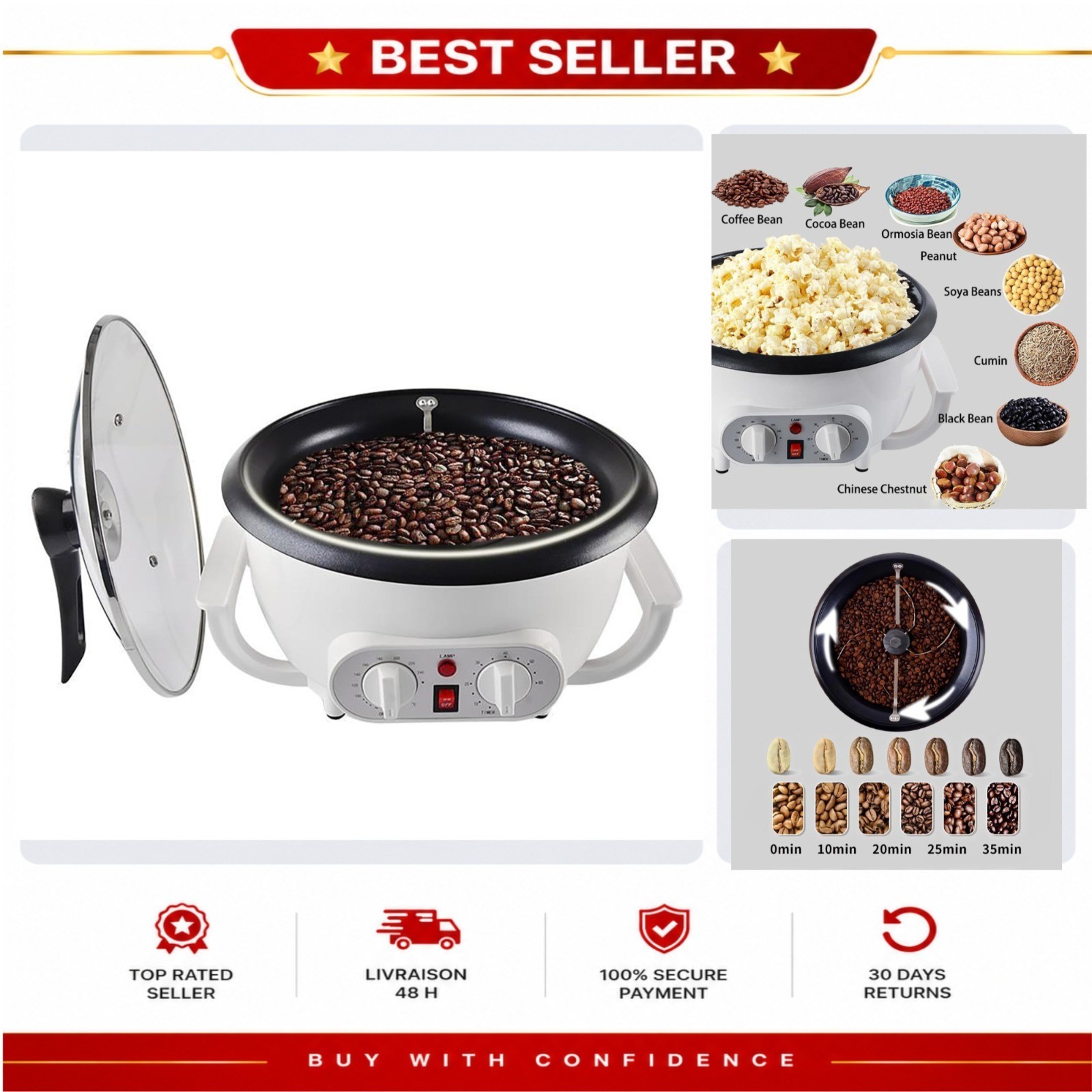 WINB Home Coffee Bean Roaster 110V 1200W 0.75kg Timer 240°C