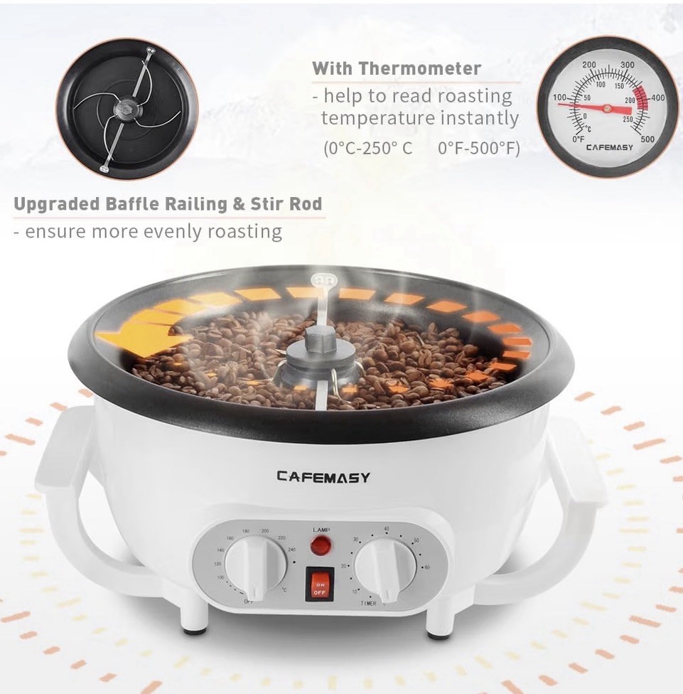 Cafemasy SCR-300B-2 Electric Drum Coffee Roaster 750g 1200W Timer Thermometer