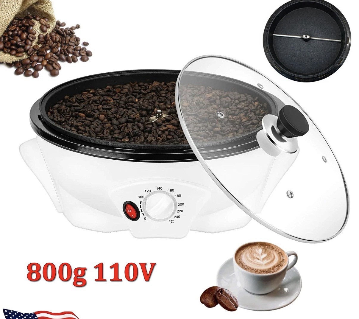 110V Electric Coffee Roaster Machine 800g Coffee Bean Roaster for Home Use NOB