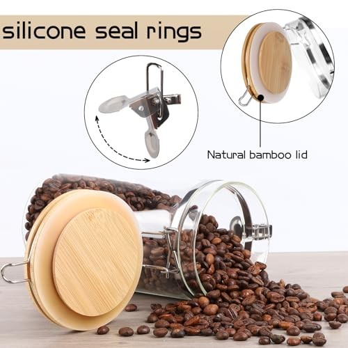3 x 54 oz Glass Coffee Bean Storage Container with Shelf 3PCS Glass Wood