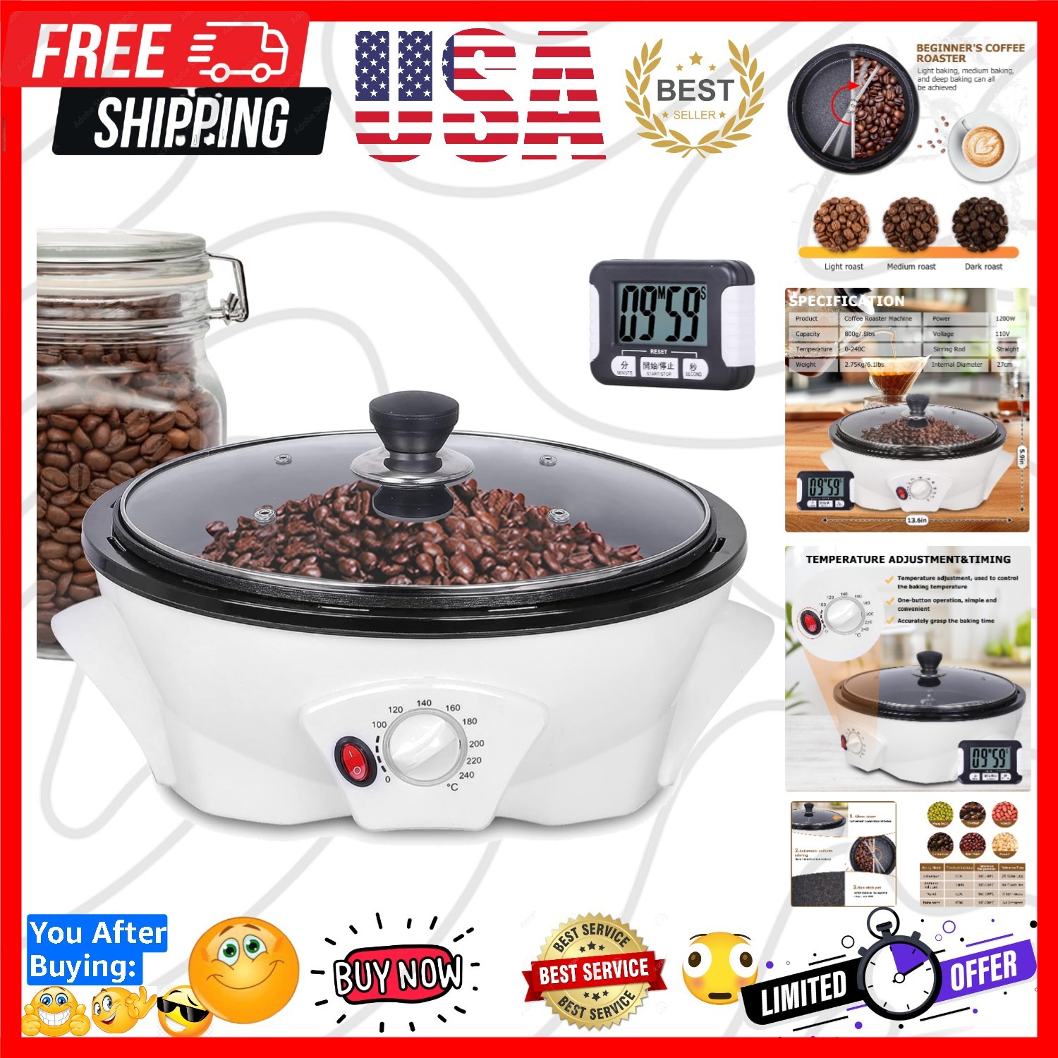 Coffee Roaster Upgraded Electric Coffee Bean Roaster 1.1lb Coffee Roaster for…