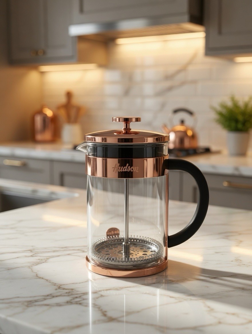 Hudson Glass French Press Coffee Maker – Copper Stainless Steel – 34 oz