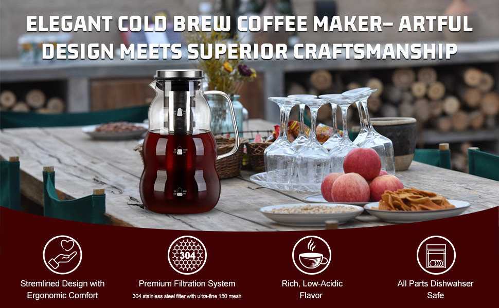 Effortl Cold Brew Coffee Maker, All Parts Dishwasher-Safe, 2.0L/68oz
