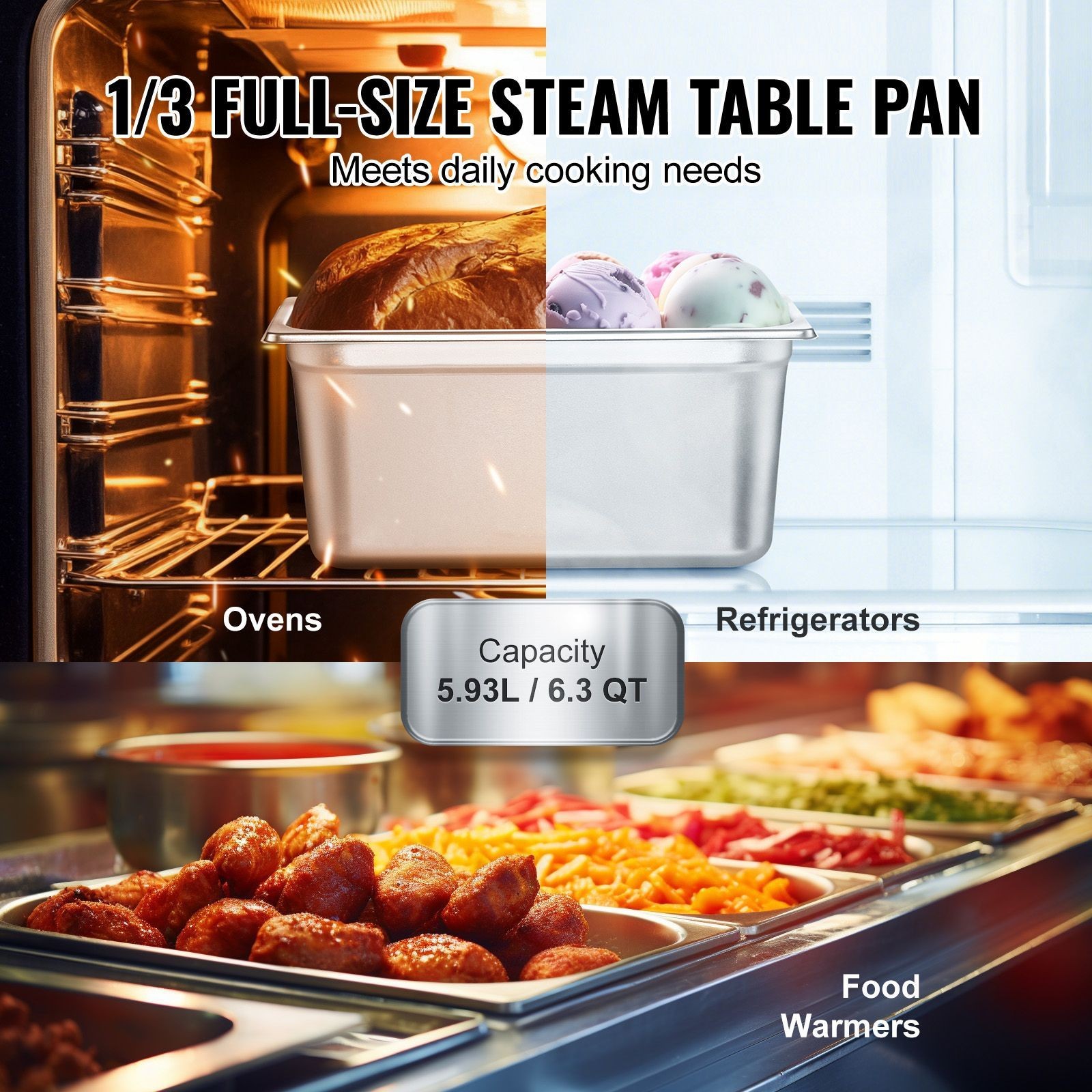 8 Pack Hotel Pans, 1/ 3 Size Anti – Jam Steam Pan with Lid, 0.8mm Thick