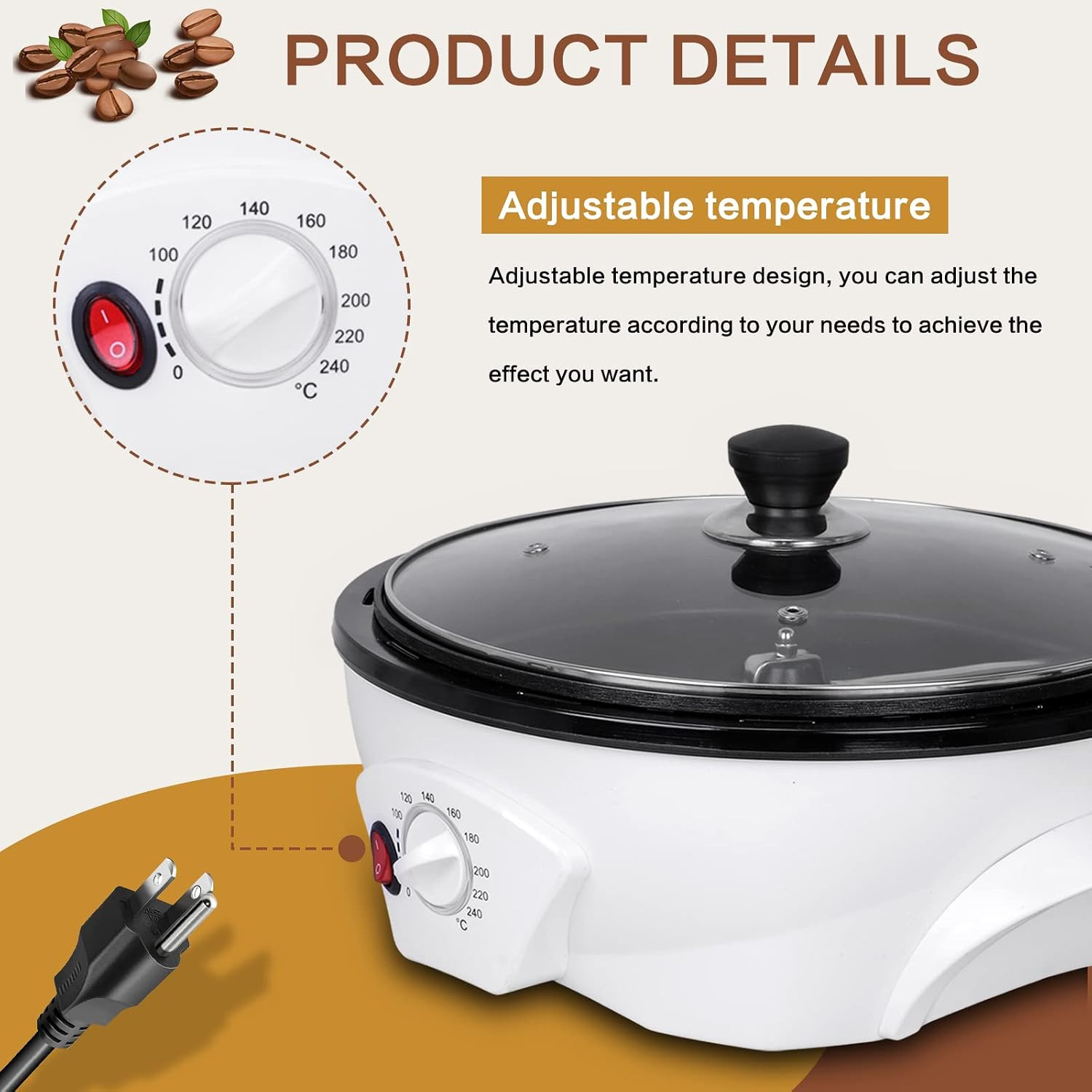 Electric Coffee Bean Roaster for Home Use 1.1Lb Capacity Temperature Control (0-