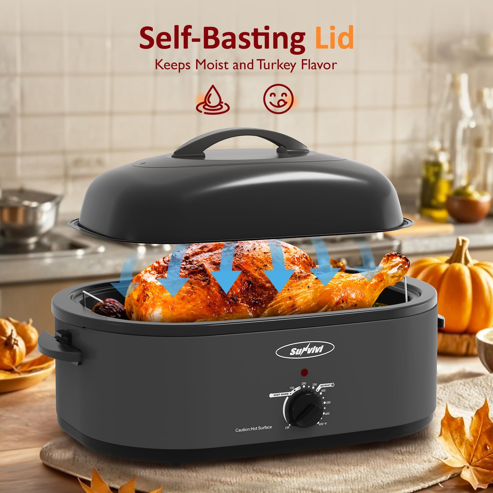 Sunvivi Electric Roaster20 Quart Roasting Oven Self-Basting Lid Removable