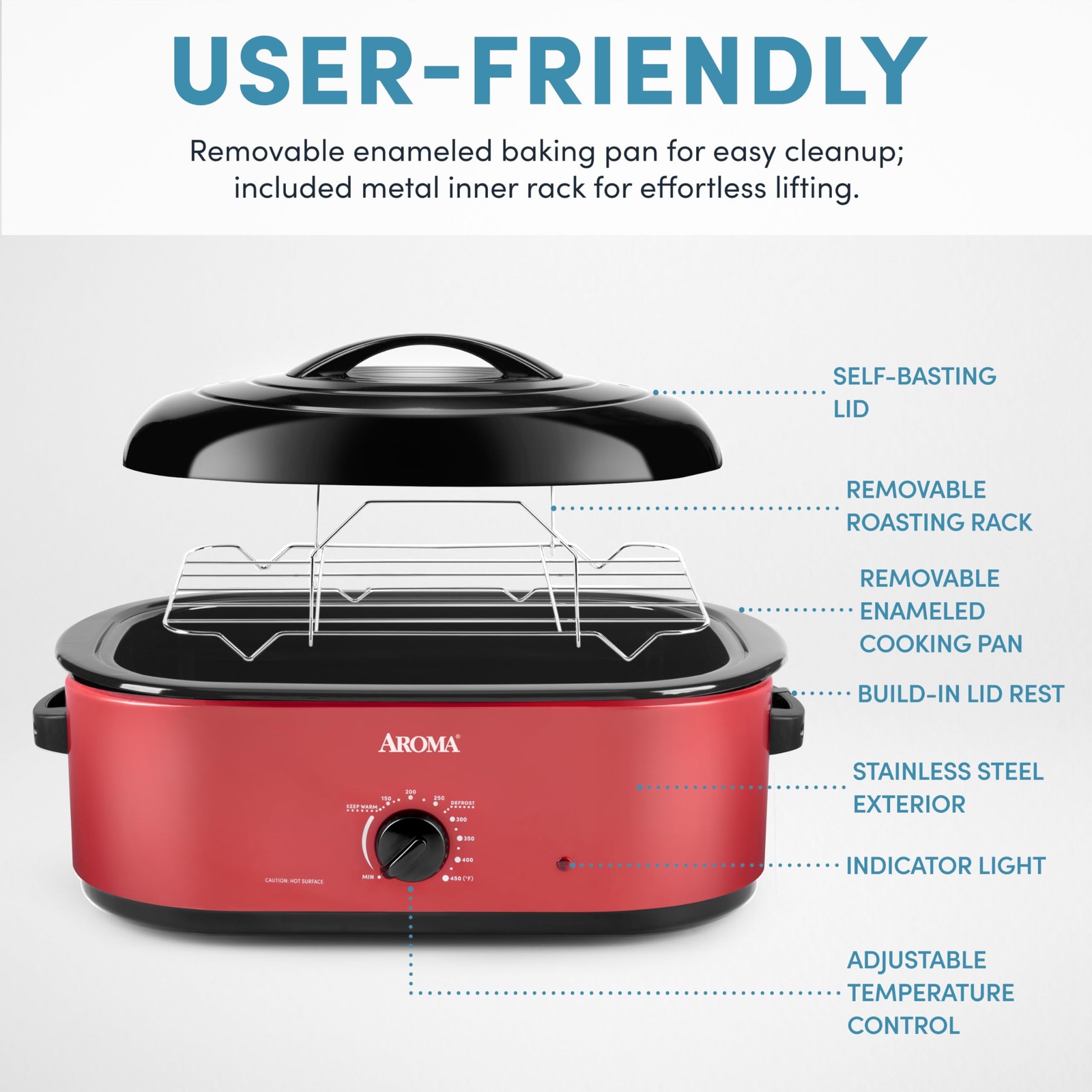 Aroma 18Qt. Roaster Oven Self-Basting Lid Fits 22-Lb. Turkey Adjustable