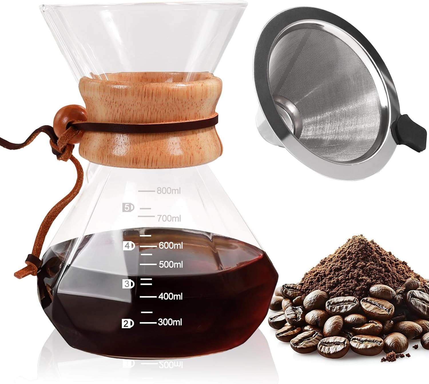 Pour Over Coffee Maker 800ml with 304 Stainl Steel Wooden Collar