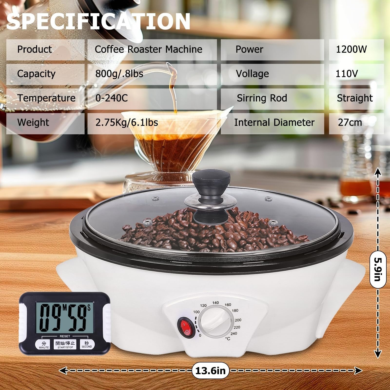 JIAWANSHUN Electric Coffee Bean Roaster 800g 1200W 100-240°C Timer