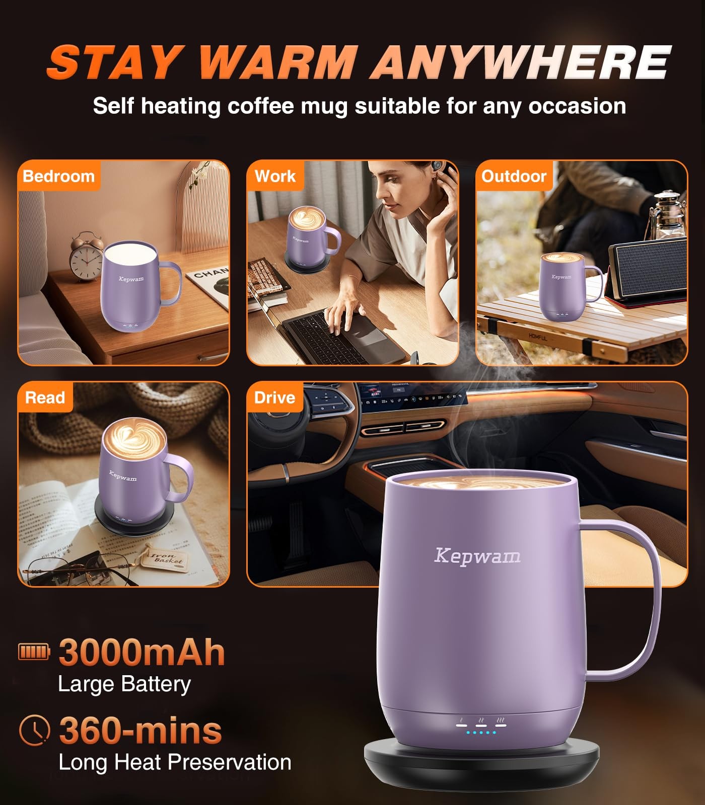 Kepwam Self Heating Coffee Mug T2, 16oz Smart Heated 16oz, Lilac Violet